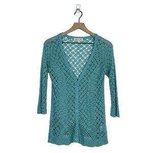 Pink Rose Cardigan Sweater Women's Size Medium Teal V-Neck Knit 3/4 Sleeve